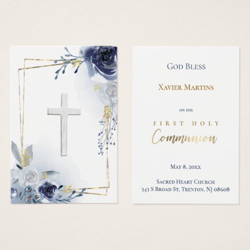 First Communion blue roses remembrance card