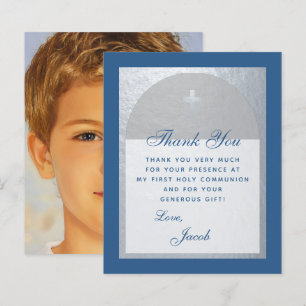 First Communion Blue Silver Budget Thank You Card