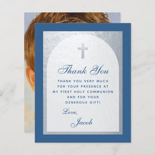 First Communion Blue Silver Budget Thank You Card