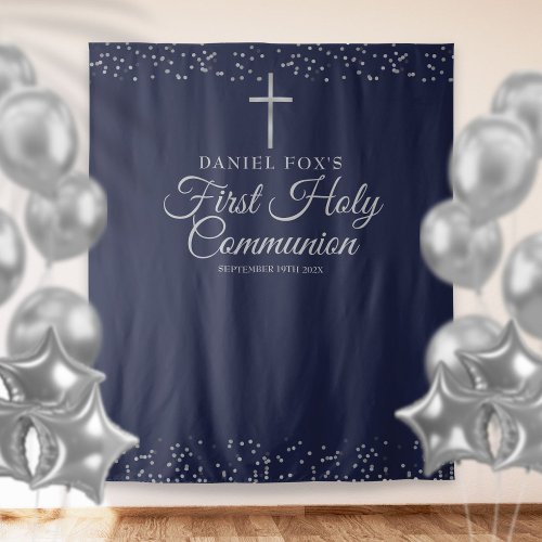 First Communion Blue Silver Photo Backdrop