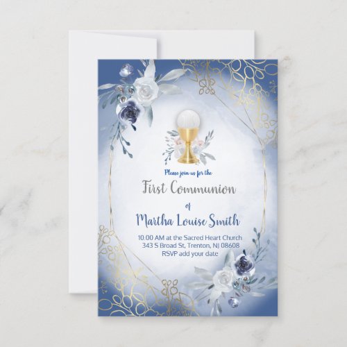 first communion blue watercolor flowers invitation