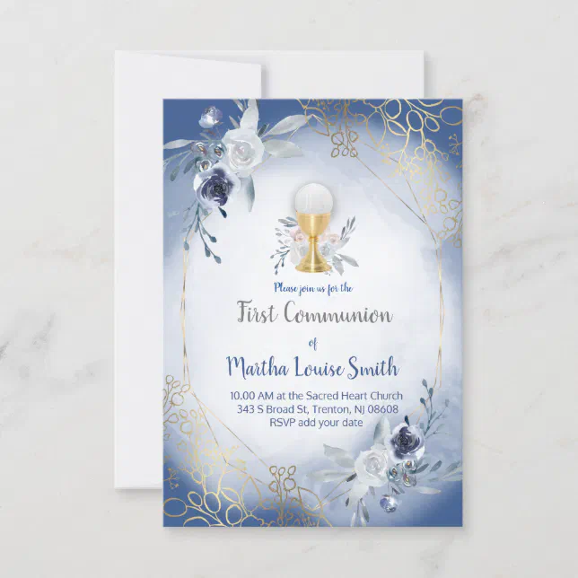 first communion blue watercolor flowers invitation | Zazzle