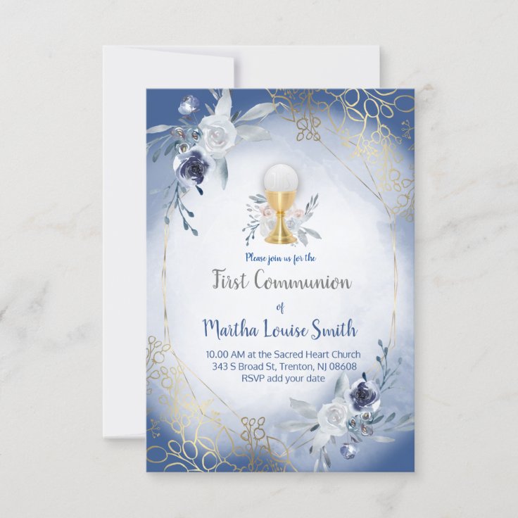 first communion blue watercolor flowers invitation | Zazzle