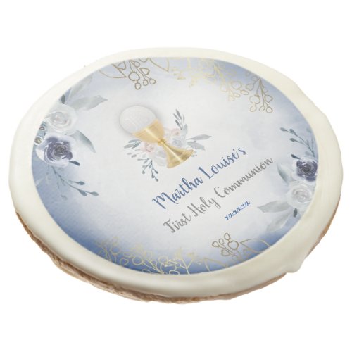 first communion blue watercolor flowers sugar cookie