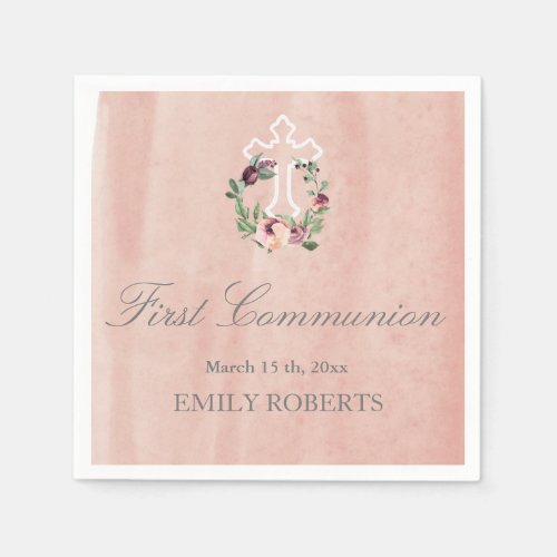 first communion blush marsala floral monogram napkins