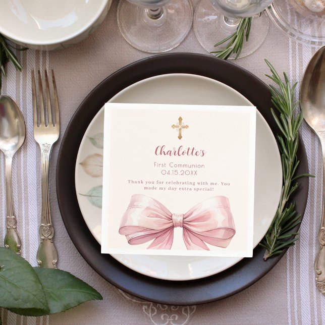 First Communion blush pink bow cream cross Napkins (Creator Uploaded)