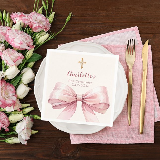 First Communion blush pink bow cream cross Napkins (Creator Uploaded)