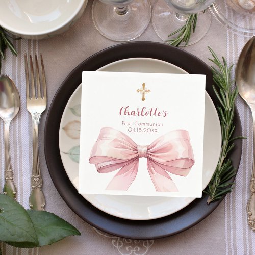 First Communion blush pink bow cross girl