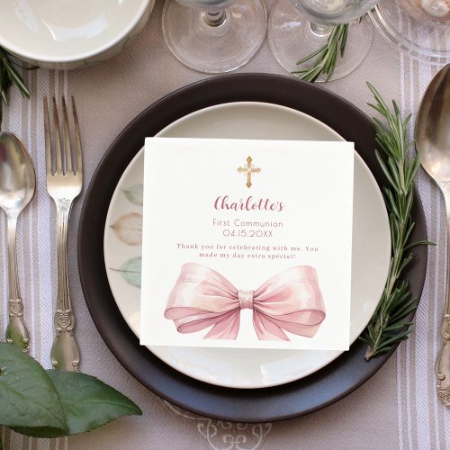 First Communion blush pink bow cross