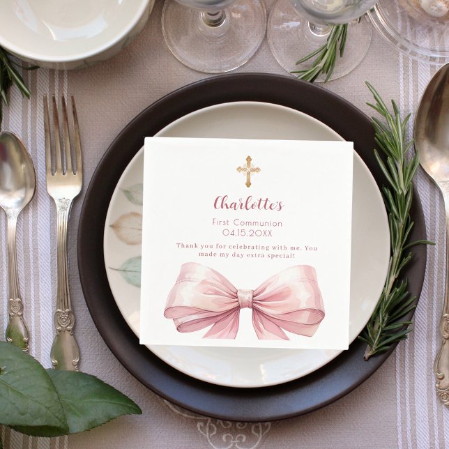 First Communion blush pink bow cross Napkins (Creator Uploaded)