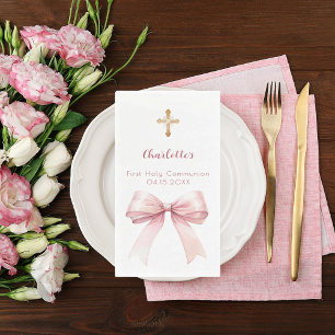First Communion blush pink bow cross Paper Guest Towels