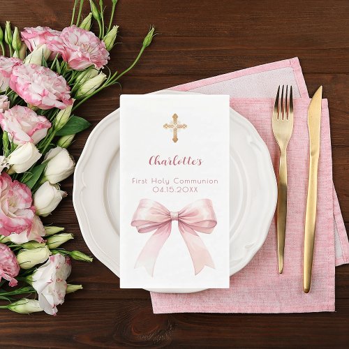 First Communion blush pink bow cross