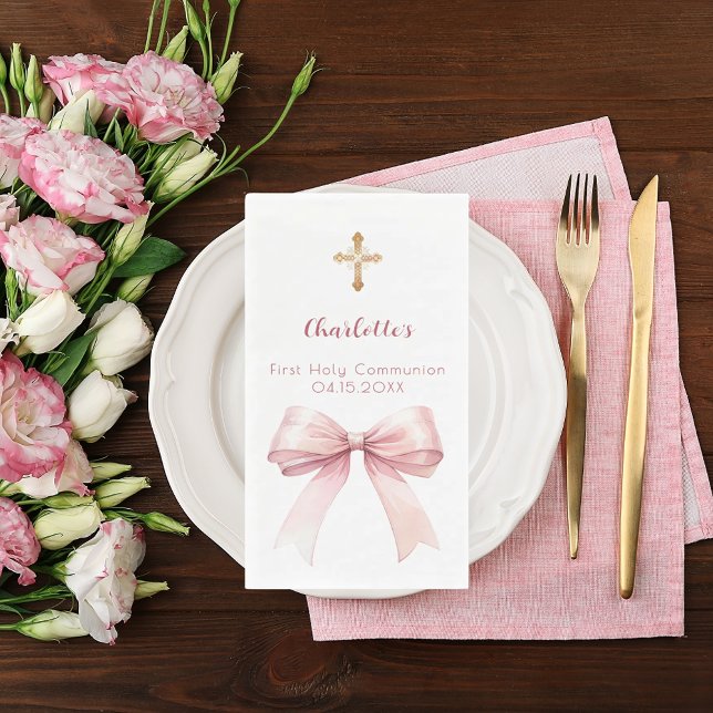 First Communion blush pink bow cross Paper Guest Towels (Creator Uploaded)
