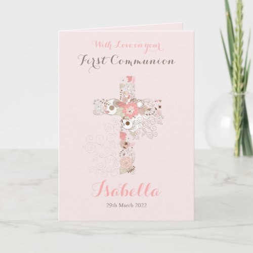First communion blush pink floral cross name  card