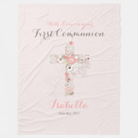 First communion blush pink floral cross name