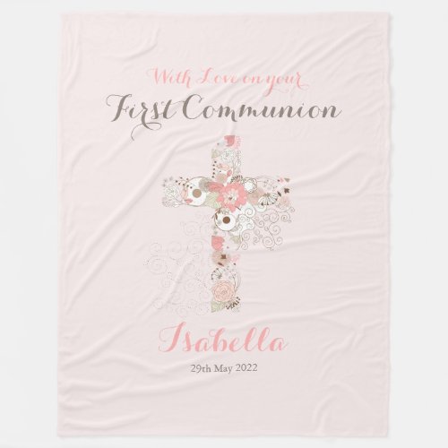 First communion blush pink floral cross name  fleece blanket