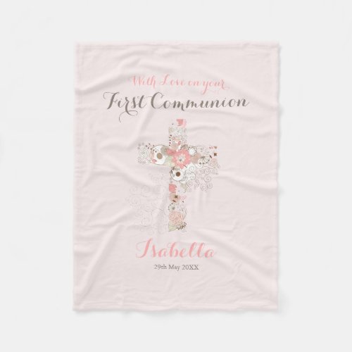 First communion blush pink floral cross name fleece blanket