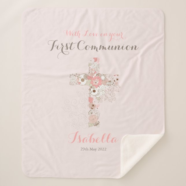 First communion blush pink floral cross name sherpa blanket (Front)