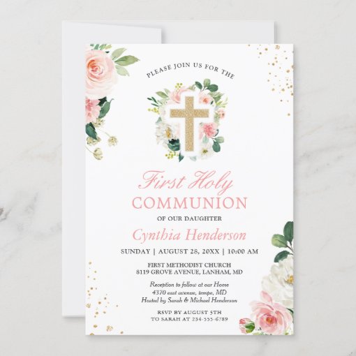First Communion Blush Pink Floral Gold Glitters Invitation | Zazzle