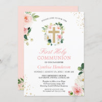 First Communion Blush Pink Floral Gold Glitters Invitation