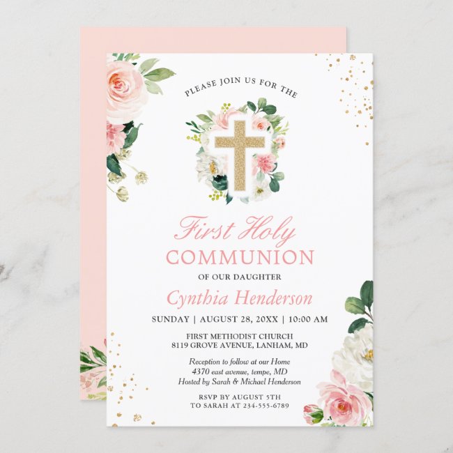 First Communion Blush Pink Floral Gold Glitters Invitation