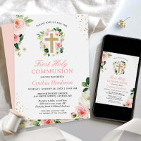 First Communion Blush Pink Floral Gold Glitters