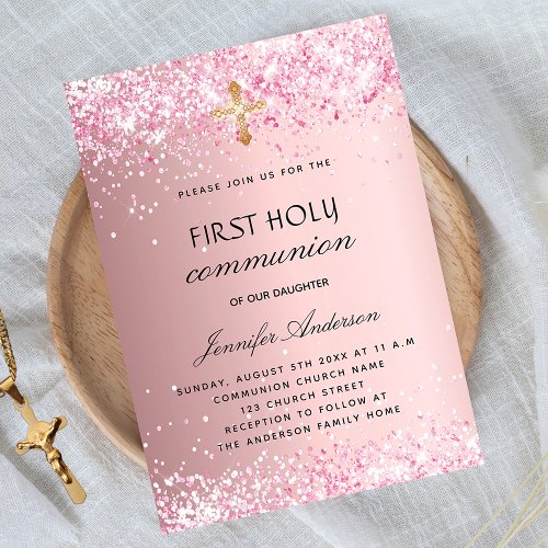 First communion blush pink glitter girl invitation