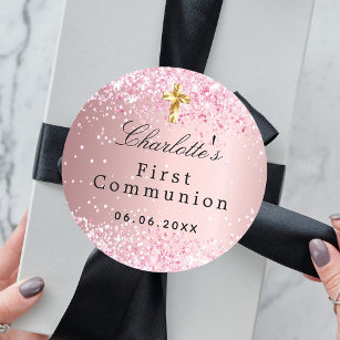 First communion blush pink glitter sparkles girl classic round sticker