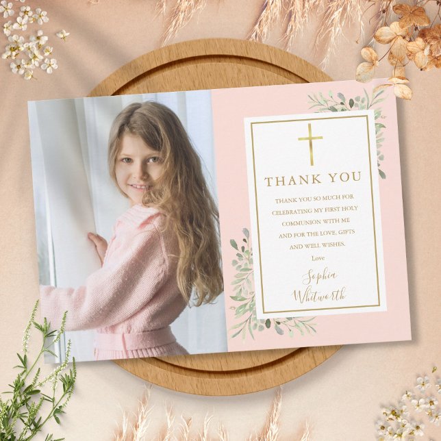 First Communion Blush Pink Greenery Photo Thank You Card (Creator Uploaded)