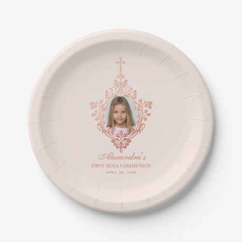 First Communion Blush Pink Rose Gold Girl Photo Paper Plates