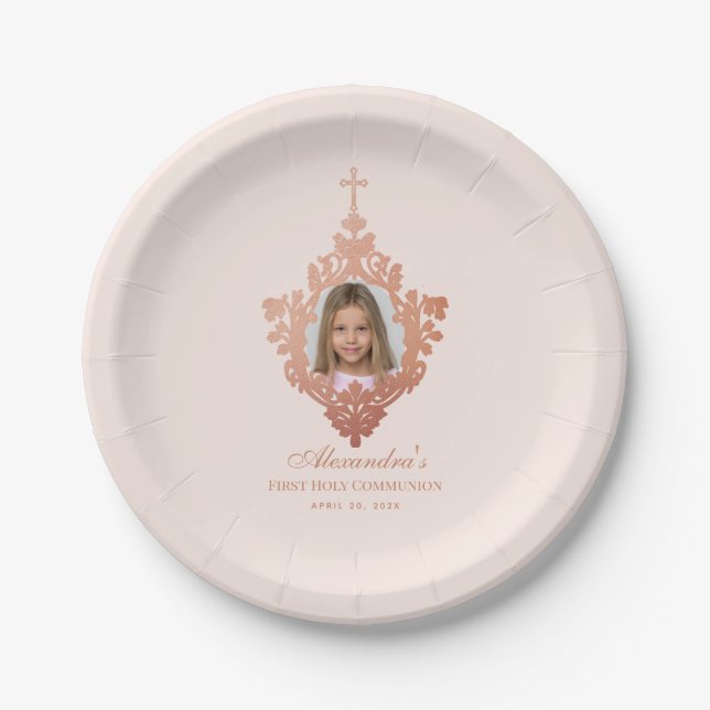 First Communion Blush Pink Rose Gold Girl Photo Paper Plates (Front)