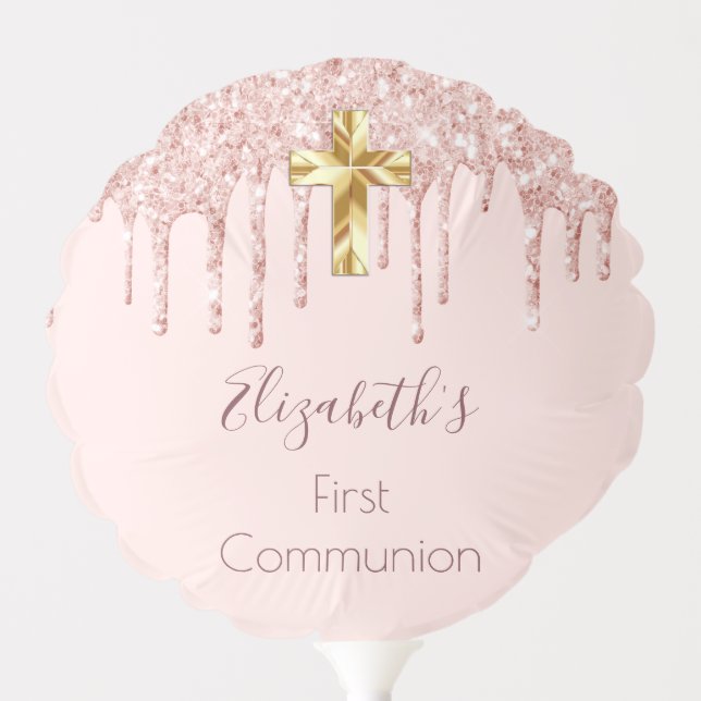 First Communion blush rose gold glitter name Balloon (Front)
