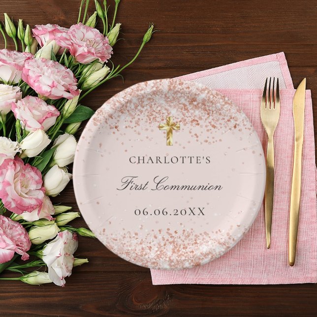 First Communion blush rose gold name Paper Plates (Creator Uploaded)