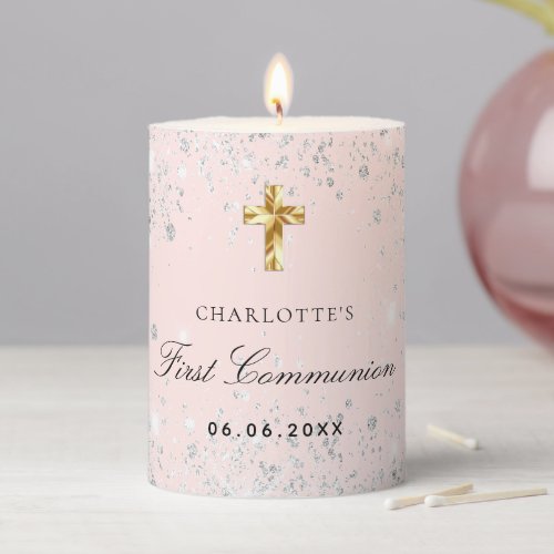 First Communion blush rose gold silver glitter Pillar Candle