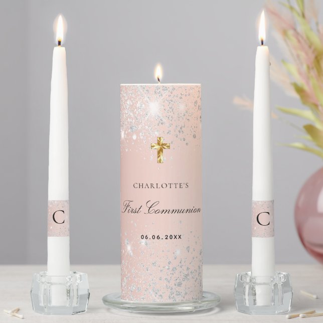 First Communion blush rose gold silver glitter Unity Candle Set (In Situ)