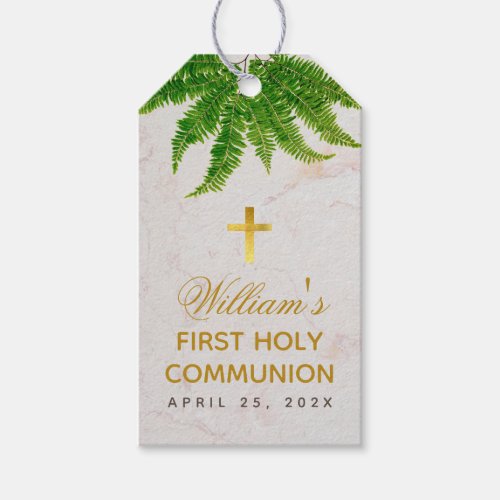 First Communion Botanical Fern Foliage Gold Marble Gift Tags