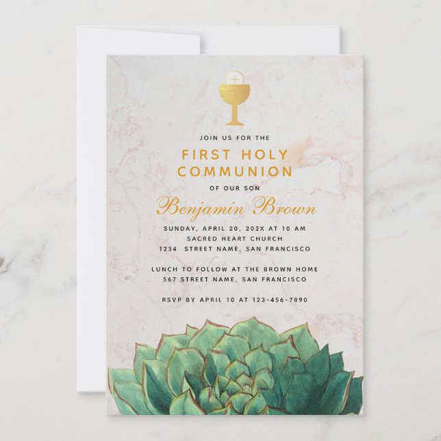  First Communion Botanical Succulent Gold Chalice  Invitation (Front)