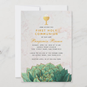 First Communion Botanical Succulent Gold Chalice Invitation