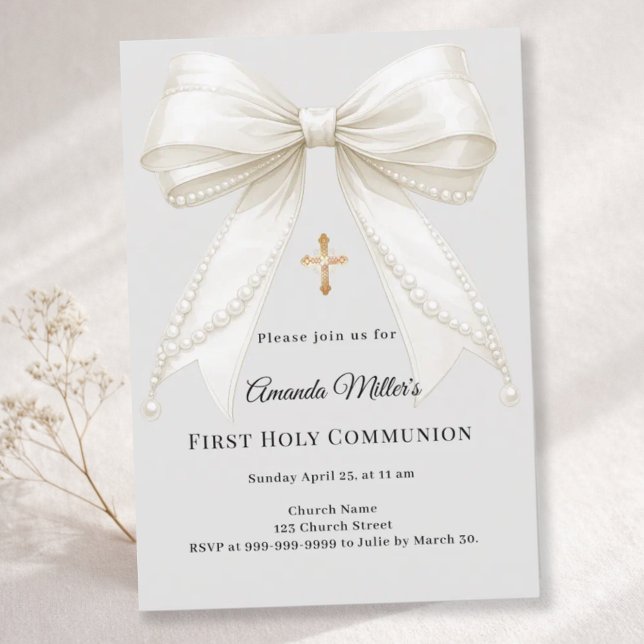 First Communion bow ivory pearls girl gray Invitation (Creator Uploaded)