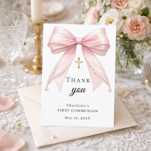 First Communion bow pink pearls gold cross Thank You Card