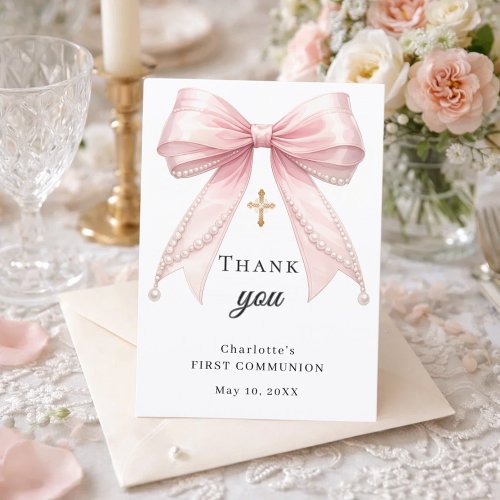 First Communion bow pink pearls gold cross Thank You Card