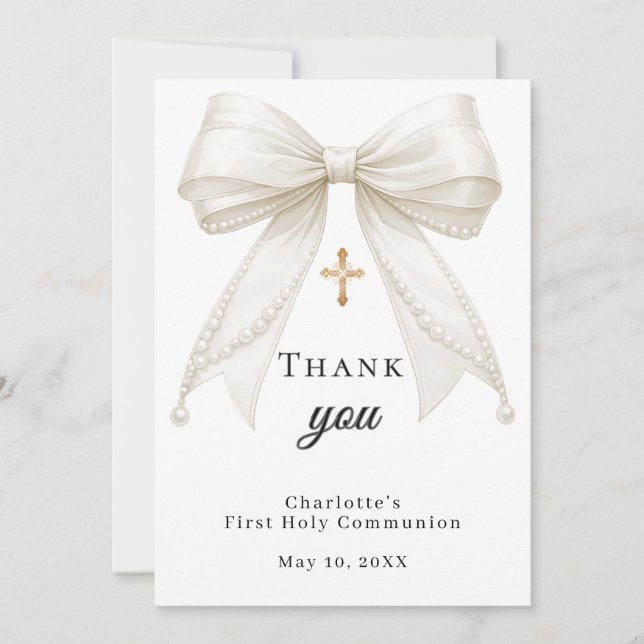 First Communion bow white ivory pearls Thank You Card (Front)