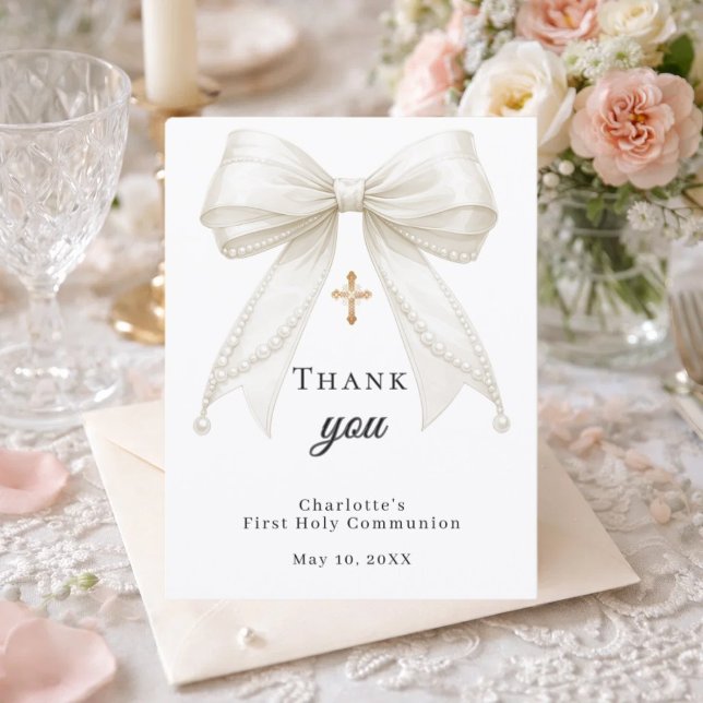 First Communion bow white ivory pearls Thank You Card (Creator Uploaded)