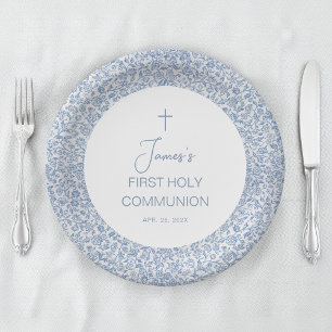 First Communion Boy Blue and White Floral Pattern Paper Plates