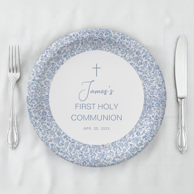 First Communion Boy Blue and White Floral Pattern Paper Plates (Creator Uploaded)
