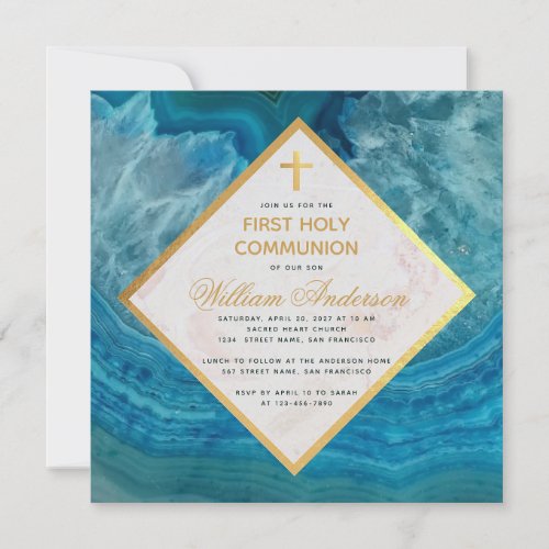 First Communion Boy Blue Geode Faux Gold Marble Invitation