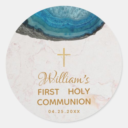 First Communion Boy Blue Geode  Marble Gold Cross Classic Round Sticker