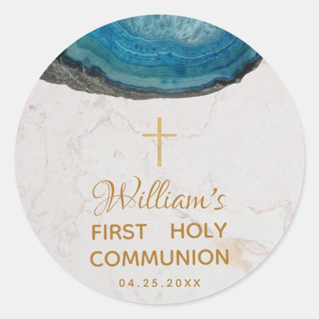 First Communion Boy Blue Geode  Marble Gold Cross Classic Round Sticker (Front)