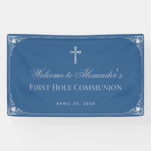 First Communion Boy Classic Blue Elegant Cross Banner