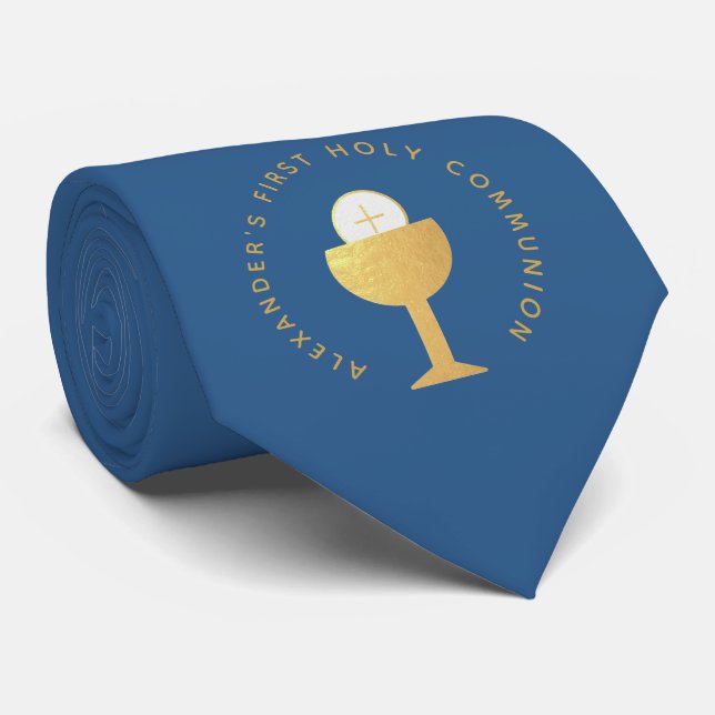 First Communion Boy Classic Blue Faux Gold Chalice Neck Tie (Rolled)